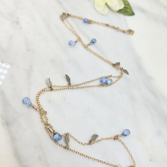 Kblossoms Jewelry - Sky Blue quartz circle 18k gold filled rondelle chain bohemian leaf necklace